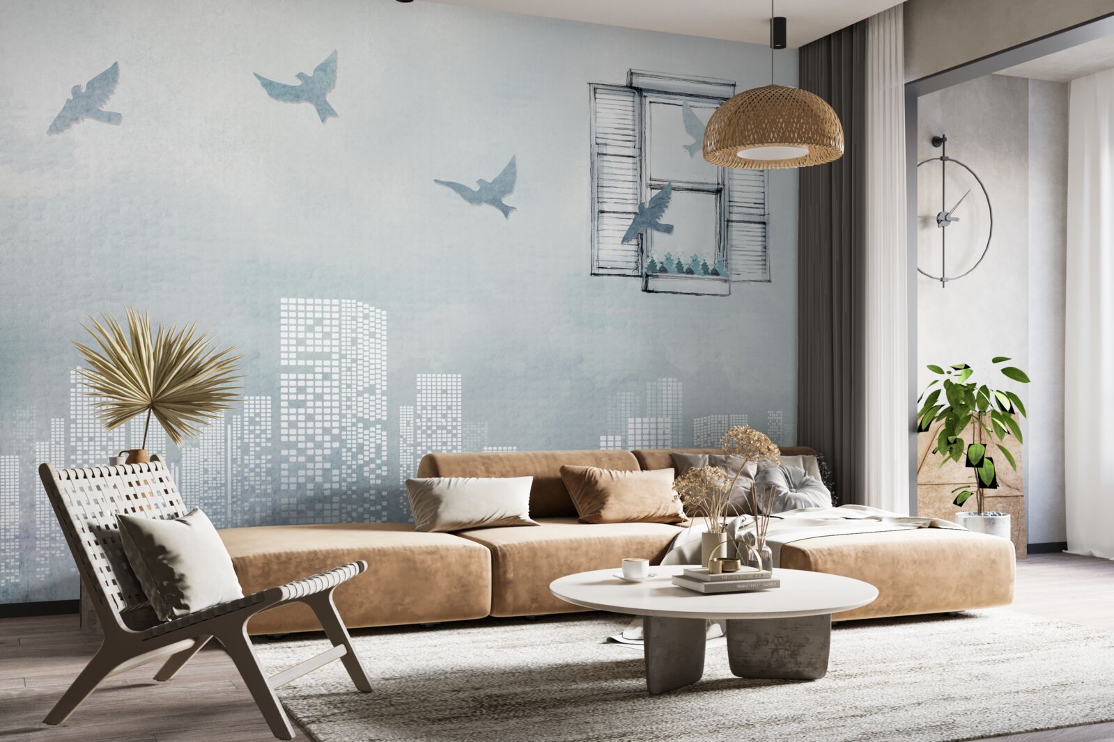 Fototapeta ptaki latające nad dużym miastem