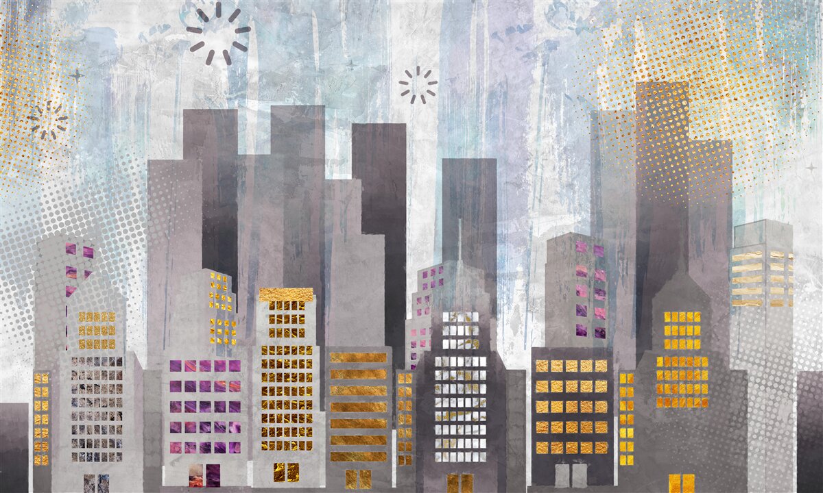 Fototapeta miasto pokryte szarością, z błyszczącymi złotymi światłami