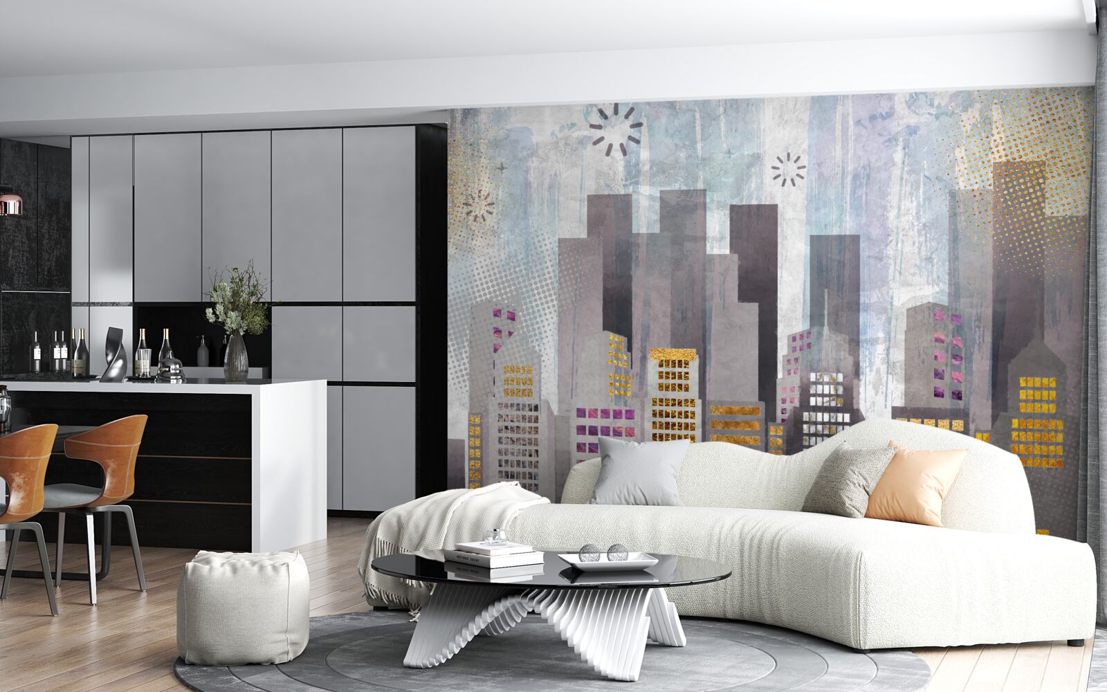 Fototapeta miasto pokryte szarością, z błyszczącymi złotymi światłami