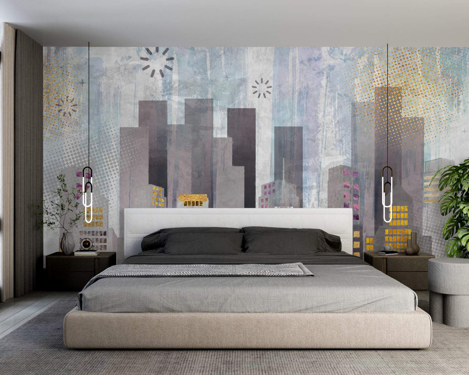 Fototapeta miasto pokryte szarością, z błyszczącymi złotymi światłami