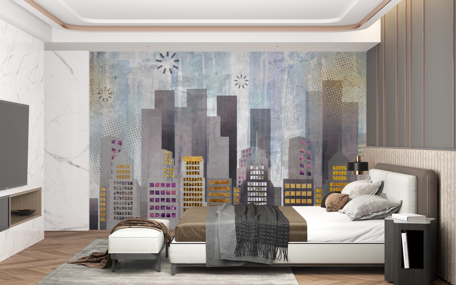 Fototapeta miasto pokryte szarością, z błyszczącymi złotymi światłami