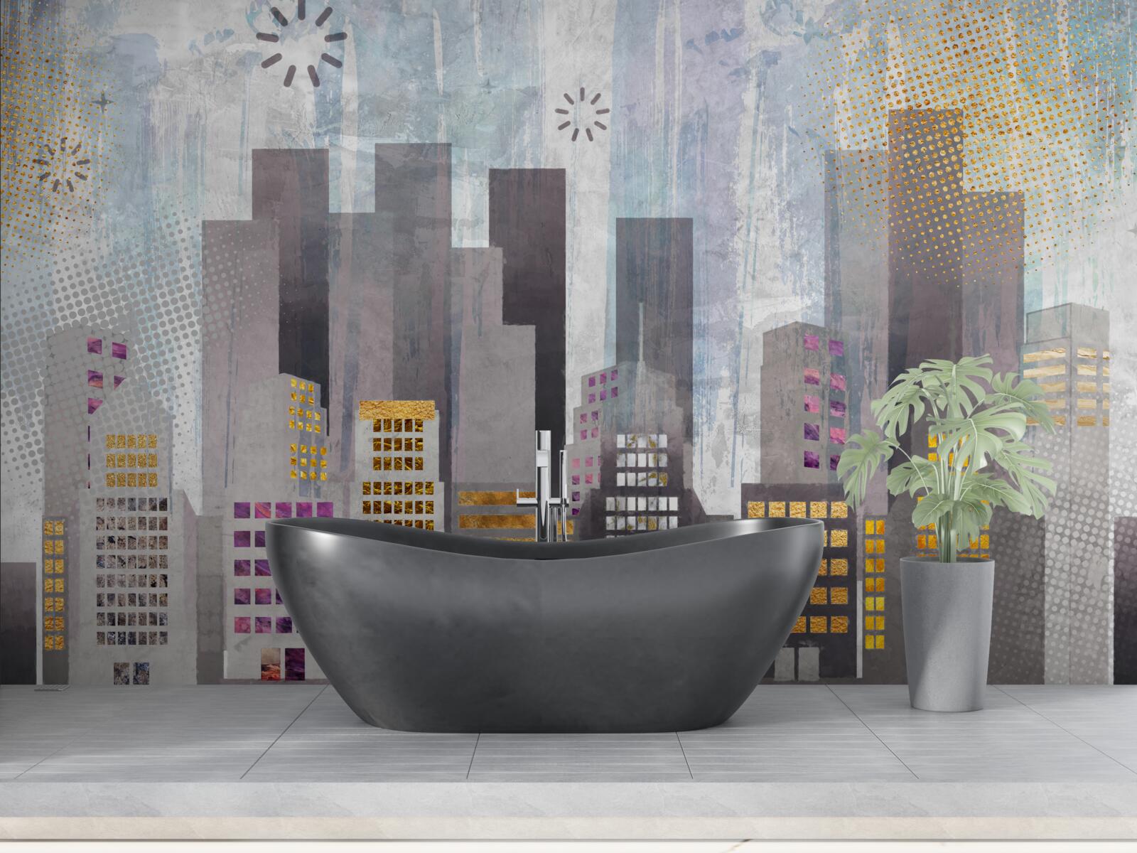 Fototapeta miasto pokryte szarością, z błyszczącymi złotymi światłami