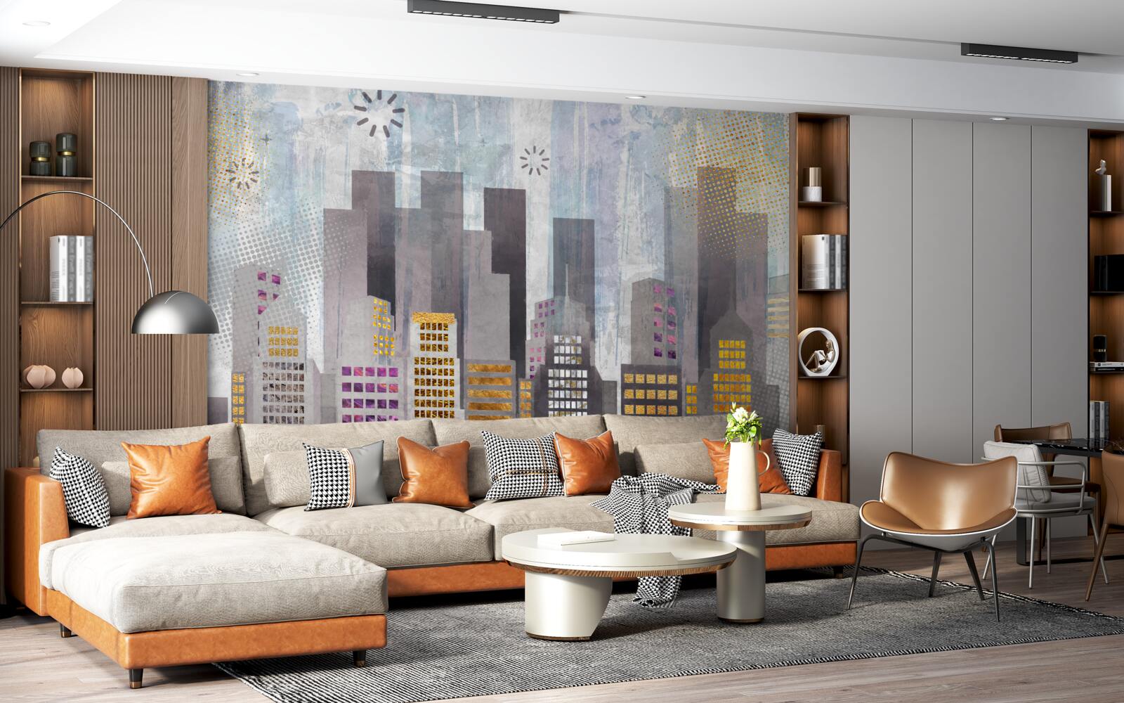 Fototapeta miasto pokryte szarością, z błyszczącymi złotymi światłami