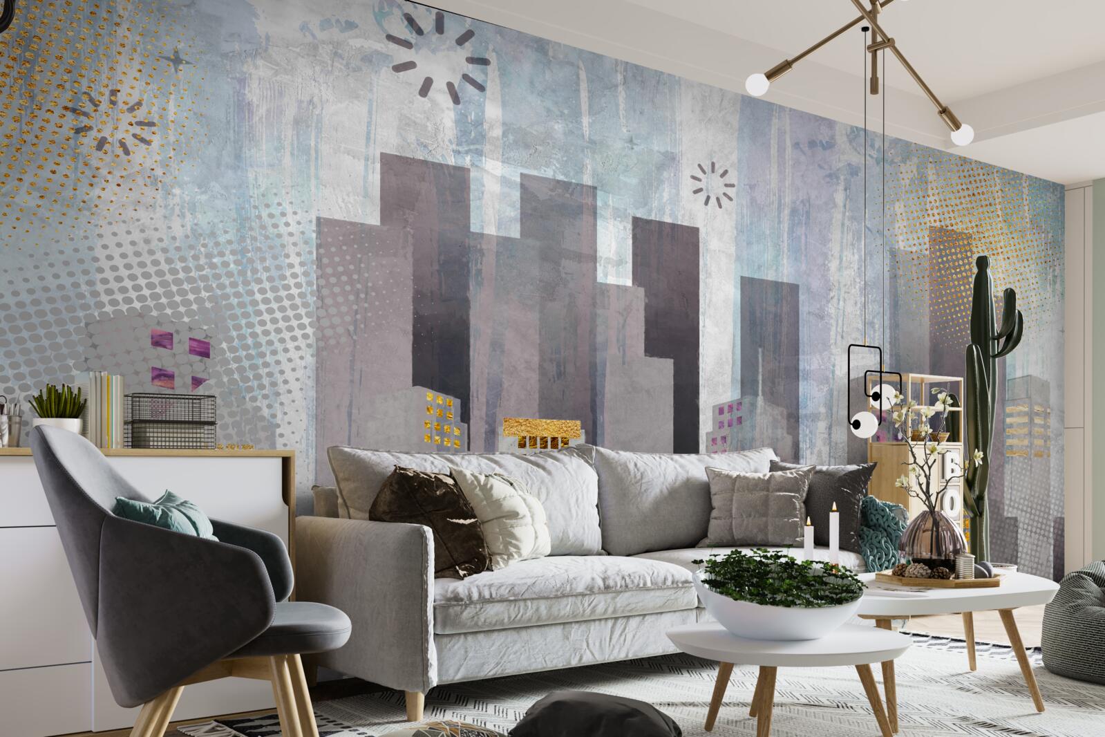 Fototapeta miasto pokryte szarością, z błyszczącymi złotymi światłami