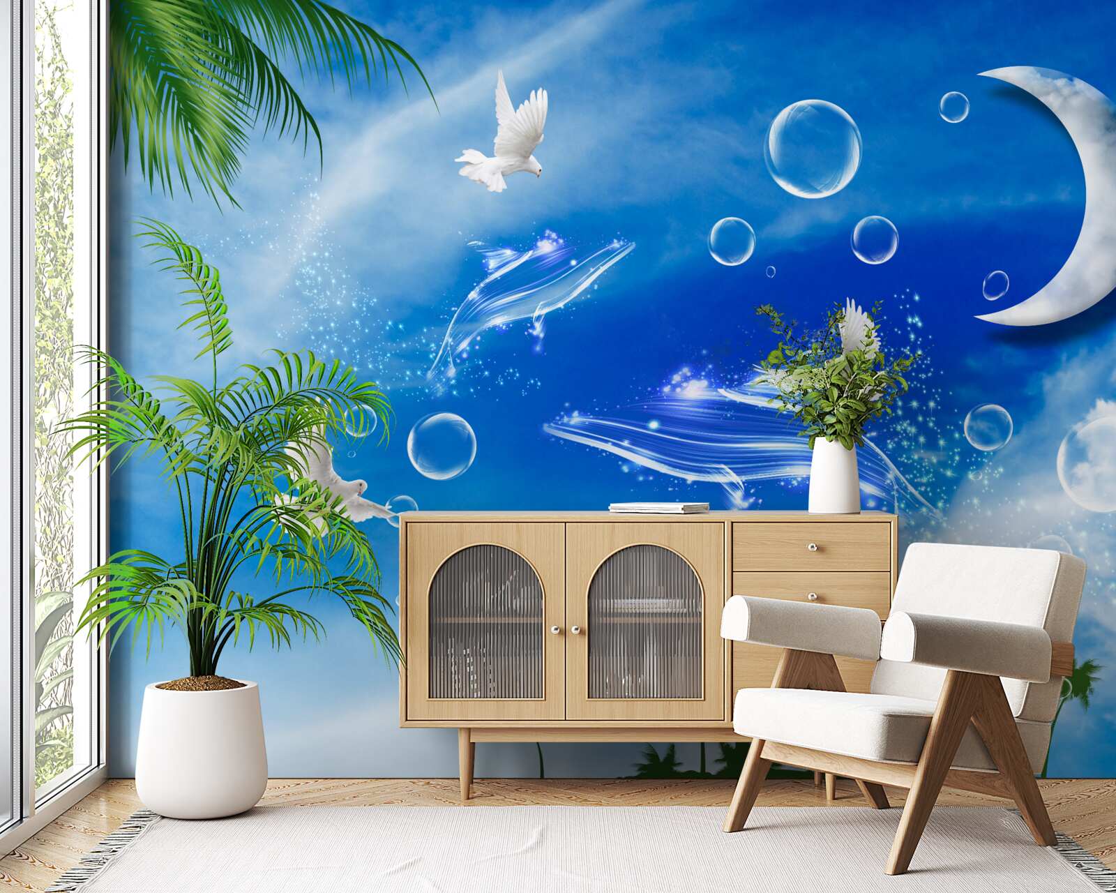 Fototapeta księżyc na dziennym niebie i gołębie