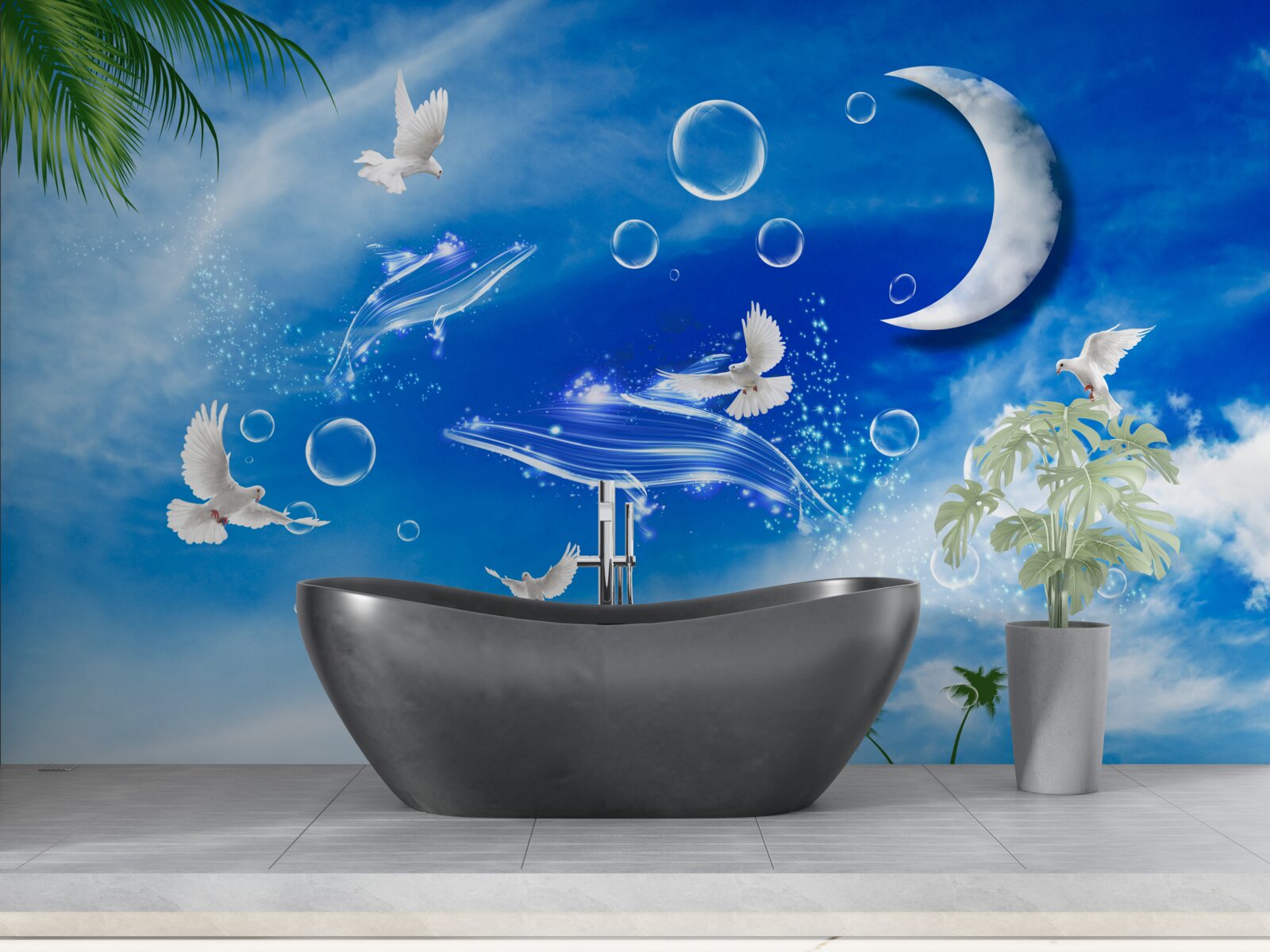 Fototapeta księżyc na dziennym niebie i gołębie