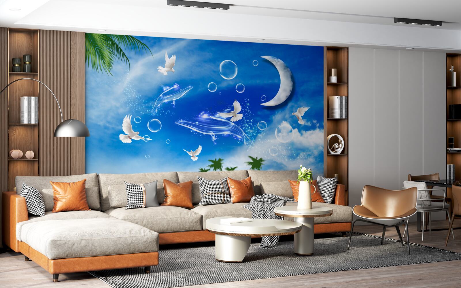 Fototapeta księżyc na dziennym niebie i gołębie