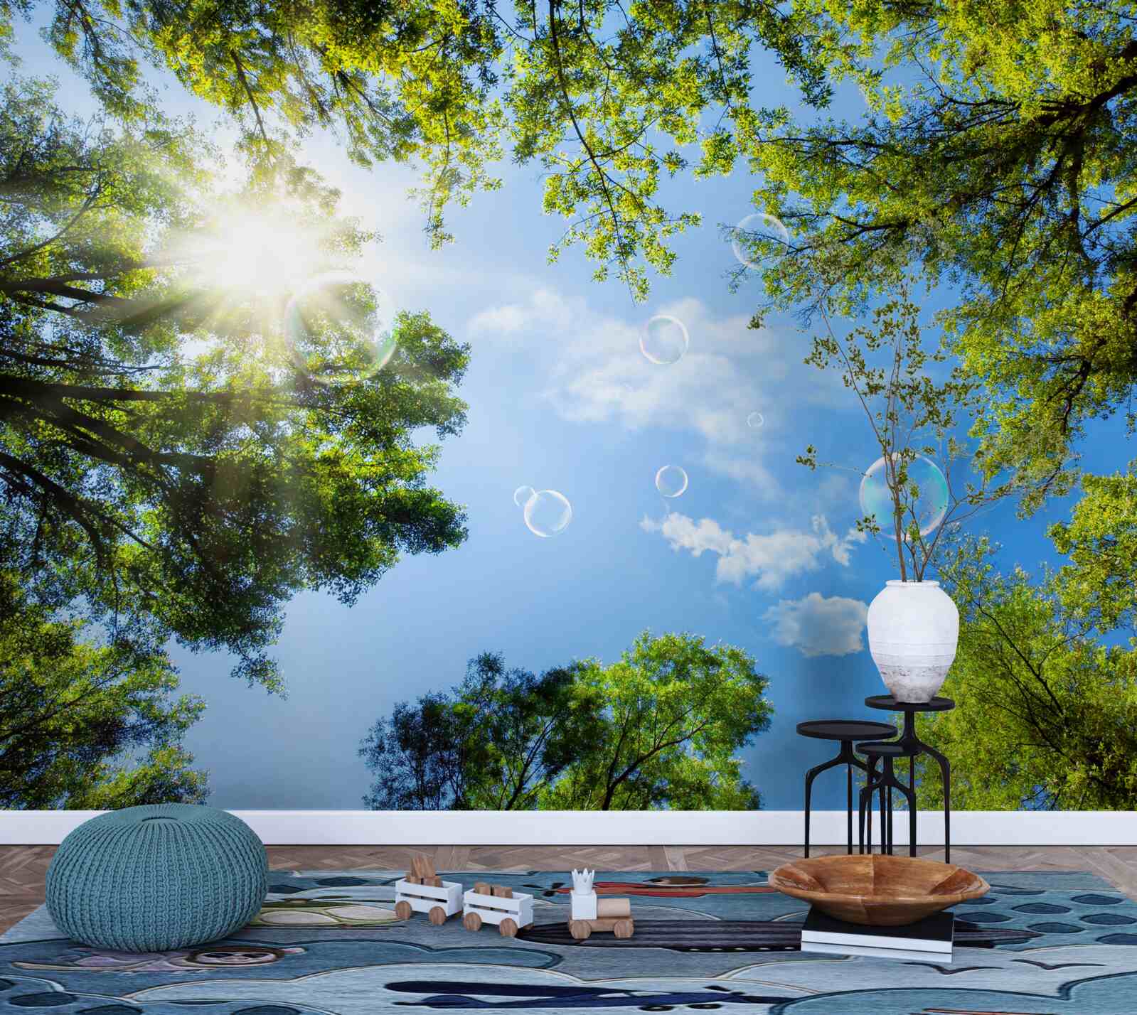 Fototapeta zielony las jest oświetlony jasnymi promieniami słońca