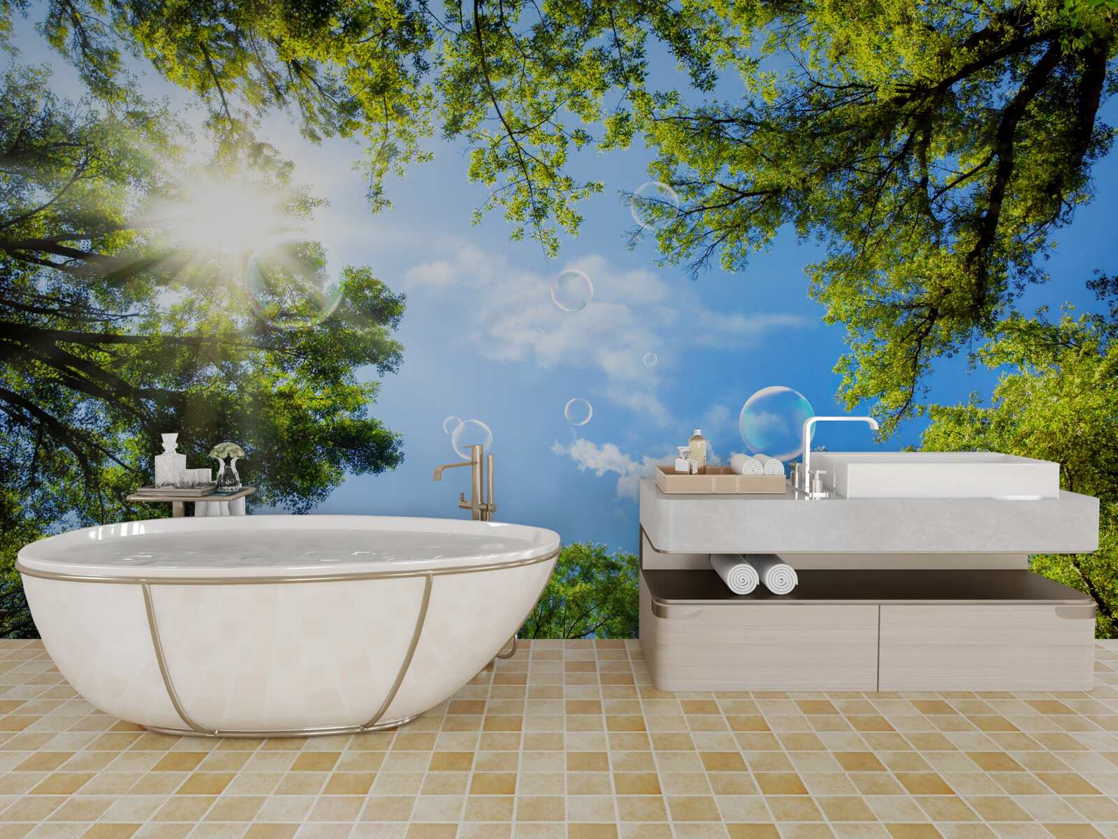 Fototapeta zielony las jest oświetlony jasnymi promieniami słońca