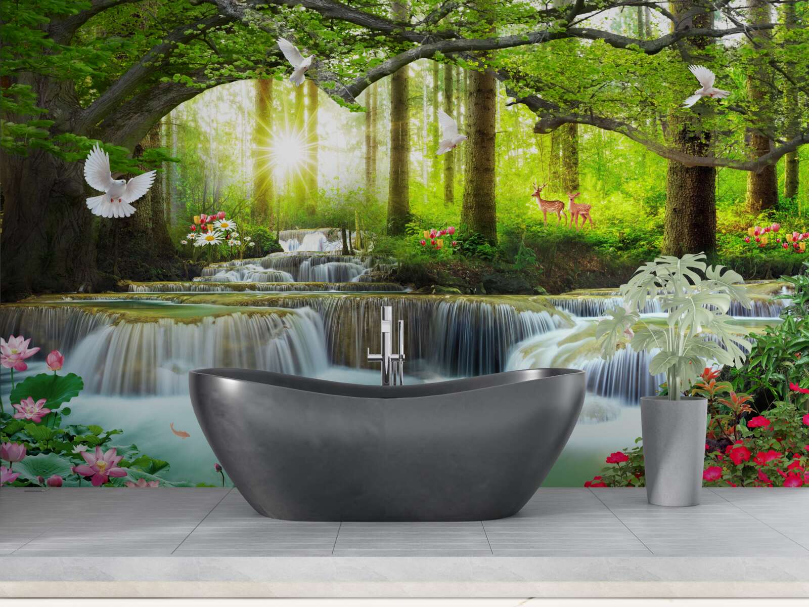 Fototapeta Życie i natura przy dzikim wodospadzie w lesie