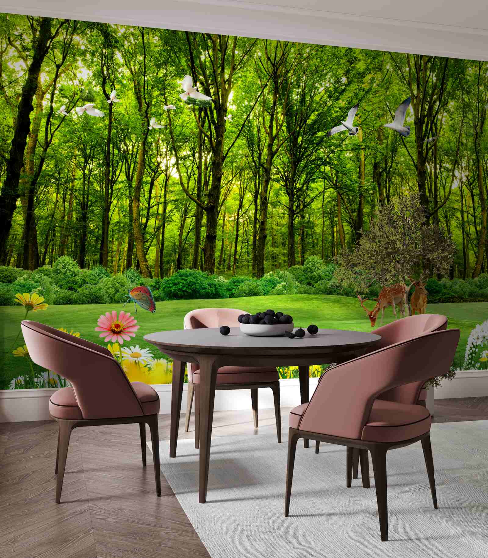 Fototapeta w zielonym lesie jeleń jest na pastwisku