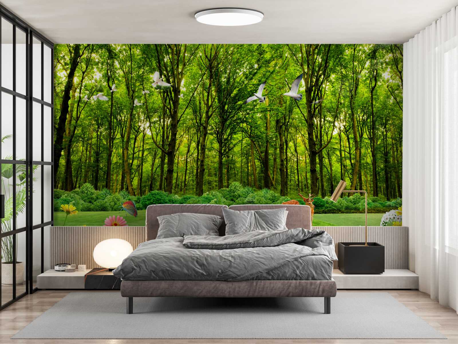 Fototapeta w zielonym lesie jeleń jest na pastwisku