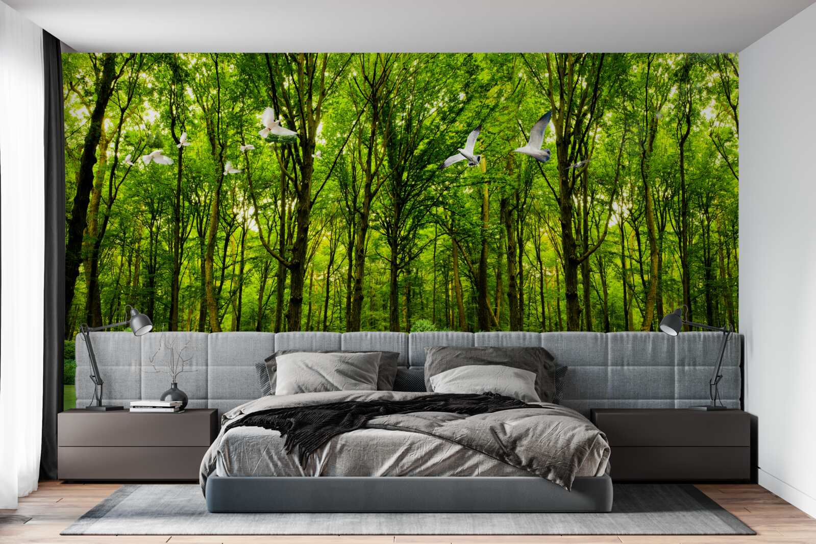 Fototapeta w zielonym lesie jeleń jest na pastwisku