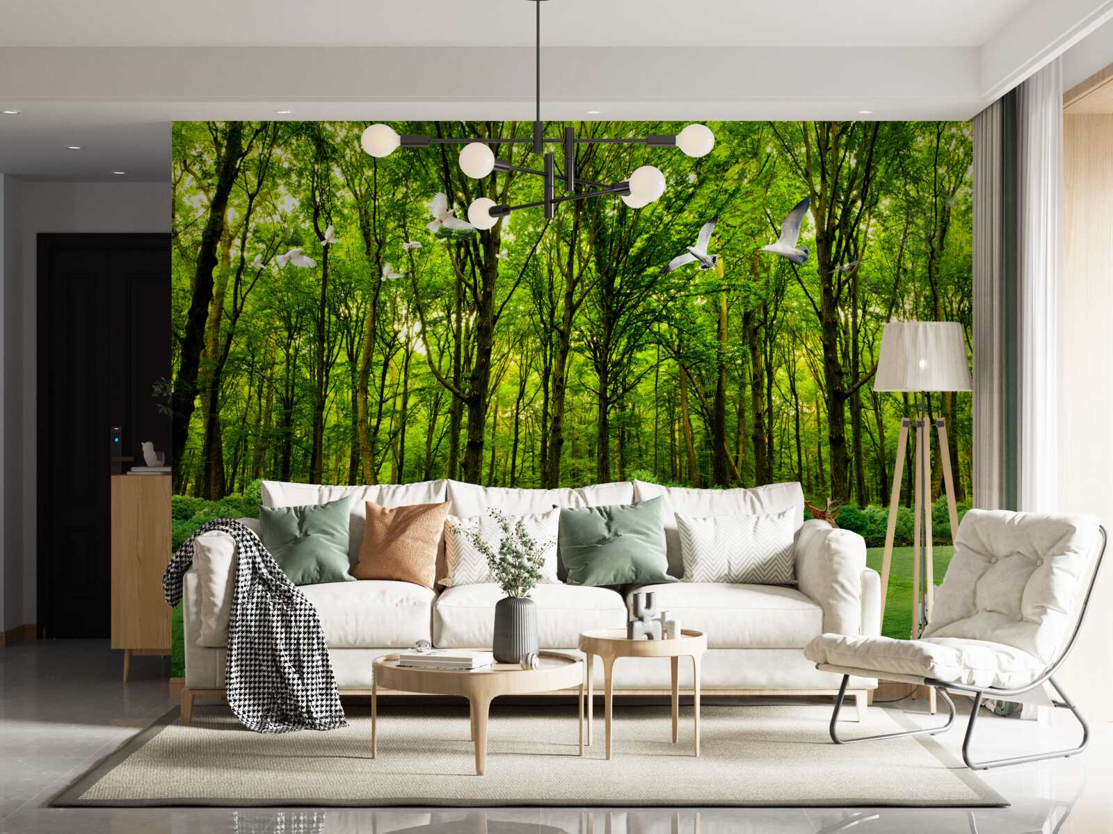 Fototapeta w zielonym lesie jeleń jest na pastwisku