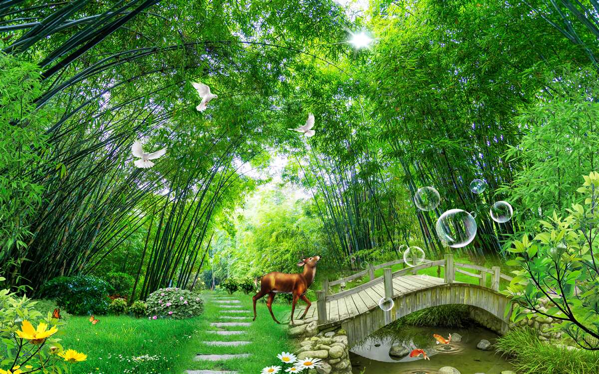 Fototapeta w zielonym zaroślu jeleń przechodzi przez drewniane przejście