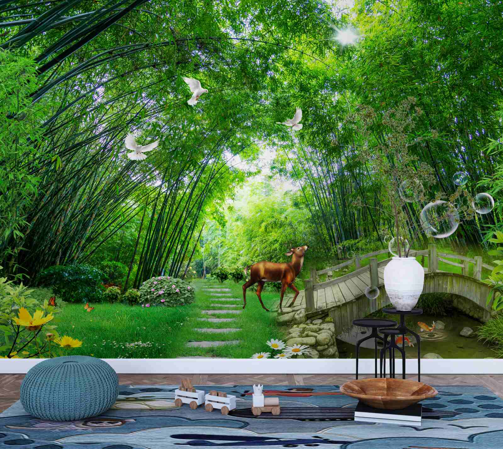 Fototapeta w zielonym zaroślu jeleń przechodzi przez drewniane przejście