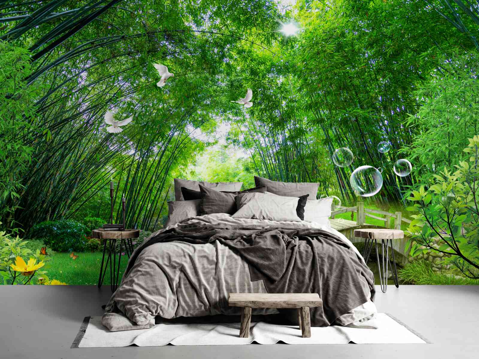 Fototapeta w zielonym zaroślu jeleń przechodzi przez drewniane przejście