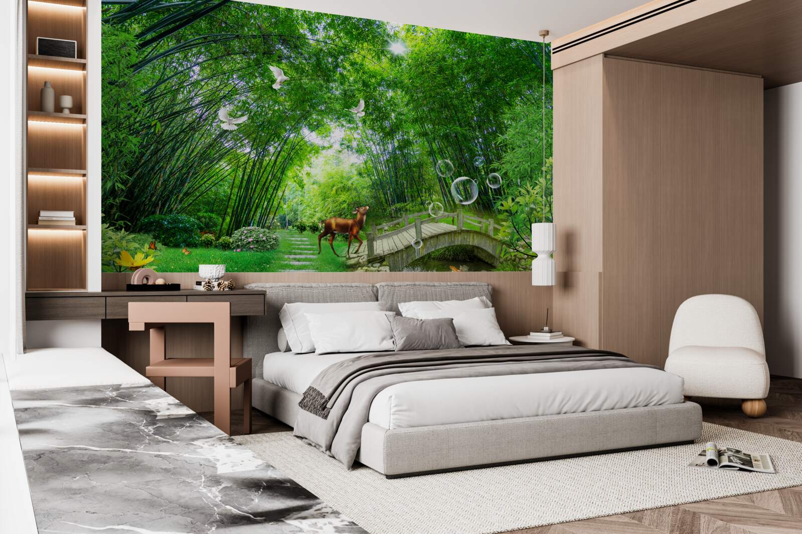 Fototapeta w zielonym zaroślu jeleń przechodzi przez drewniane przejście