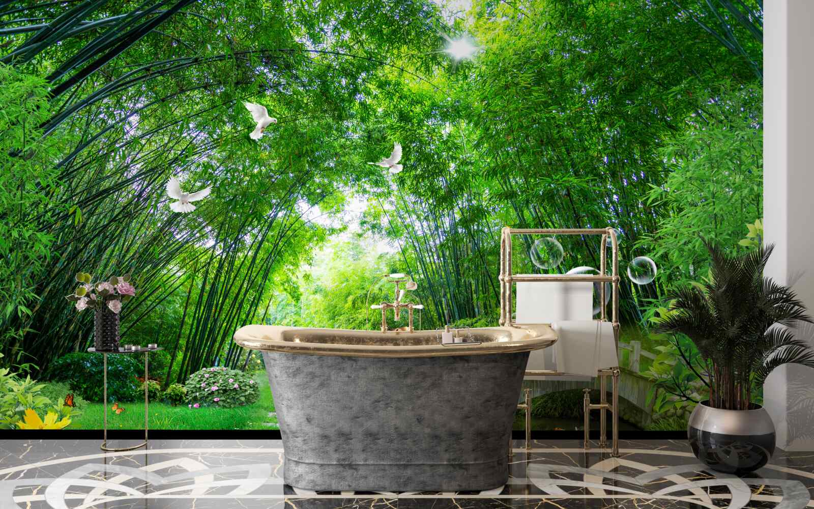 Fototapeta w zielonym zaroślu jeleń przechodzi przez drewniane przejście