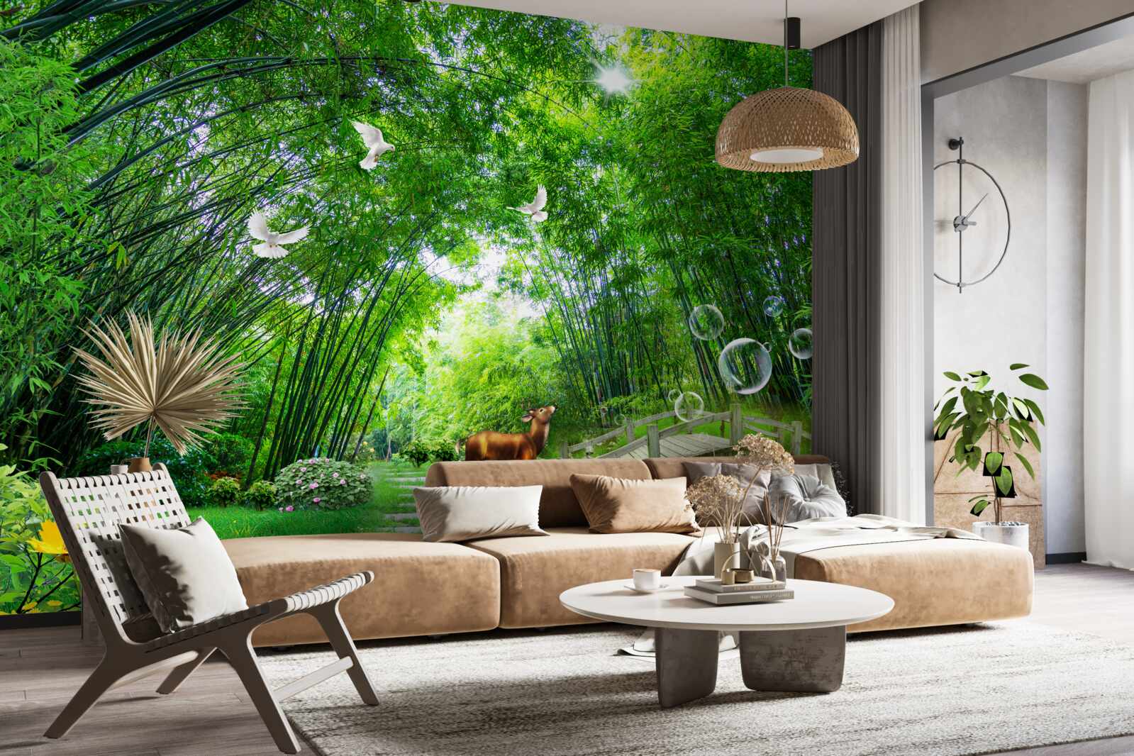 Fototapeta w zielonym zaroślu jeleń przechodzi przez drewniane przejście