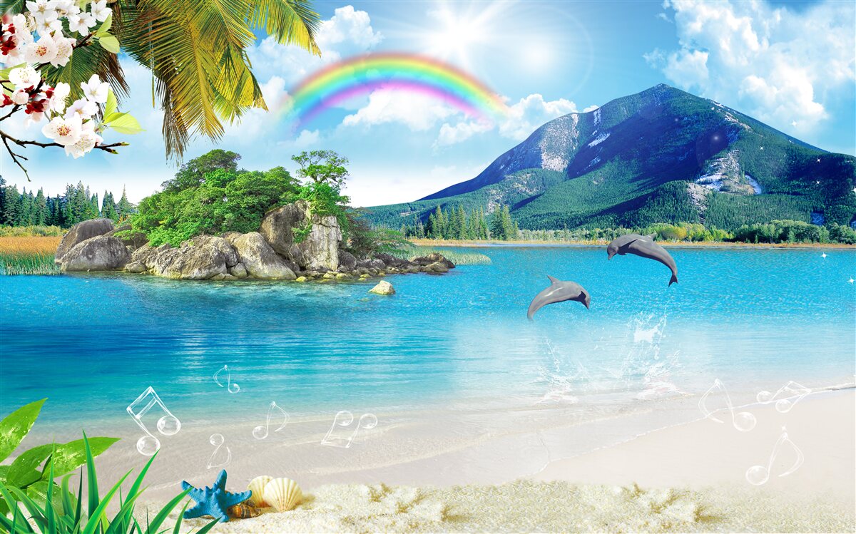 Fototapeta tęcza świeci na brzegu morza