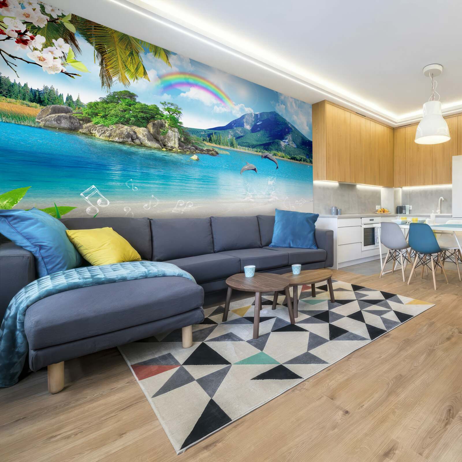 Fototapeta tęcza świeci na brzegu morza