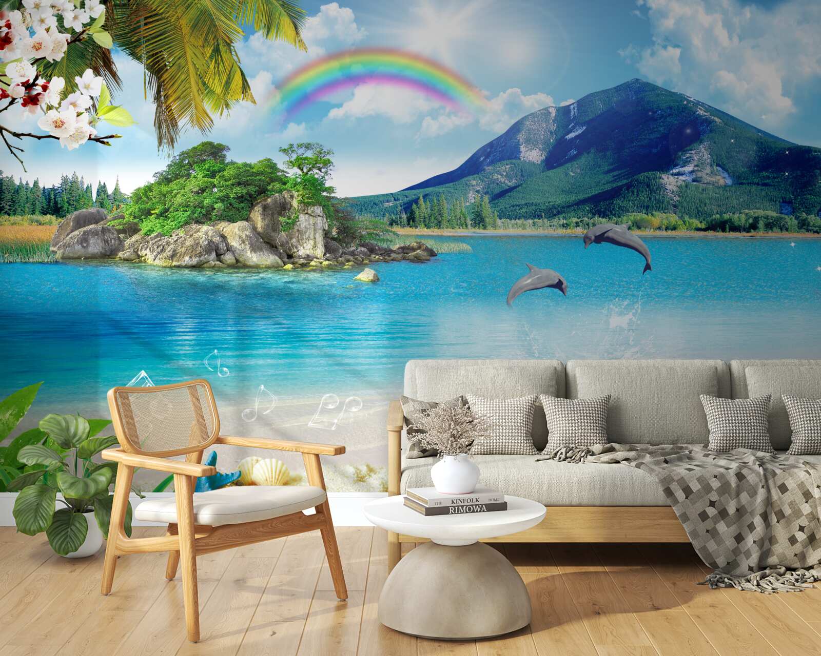 Fototapeta tęcza świeci na brzegu morza