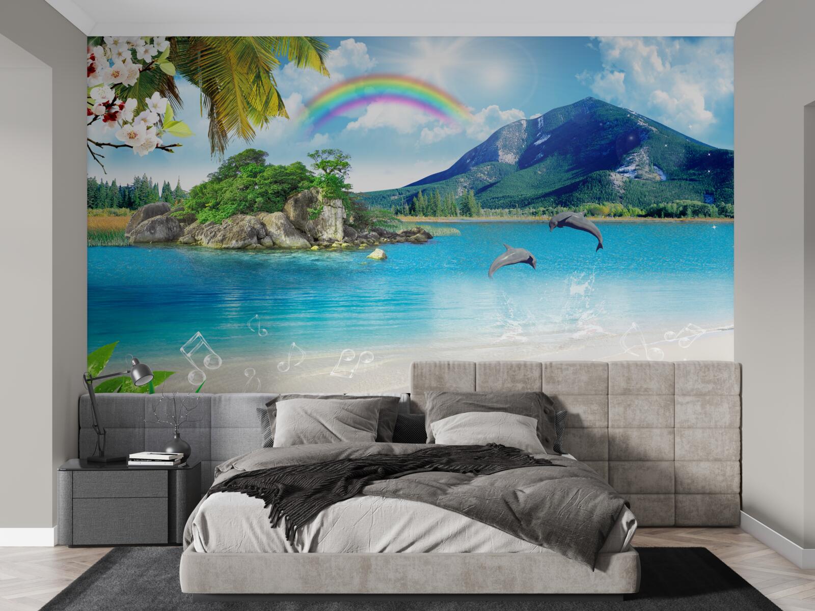 Fototapeta tęcza świeci na brzegu morza