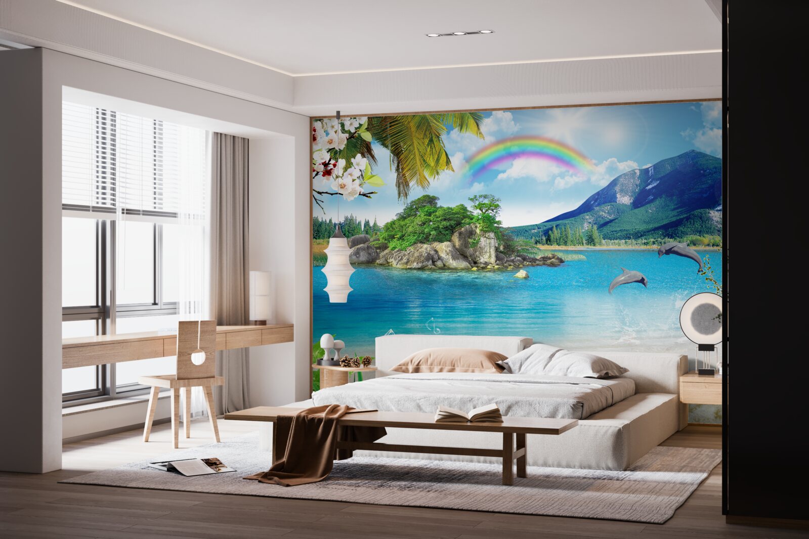 Fototapeta tęcza świeci na brzegu morza