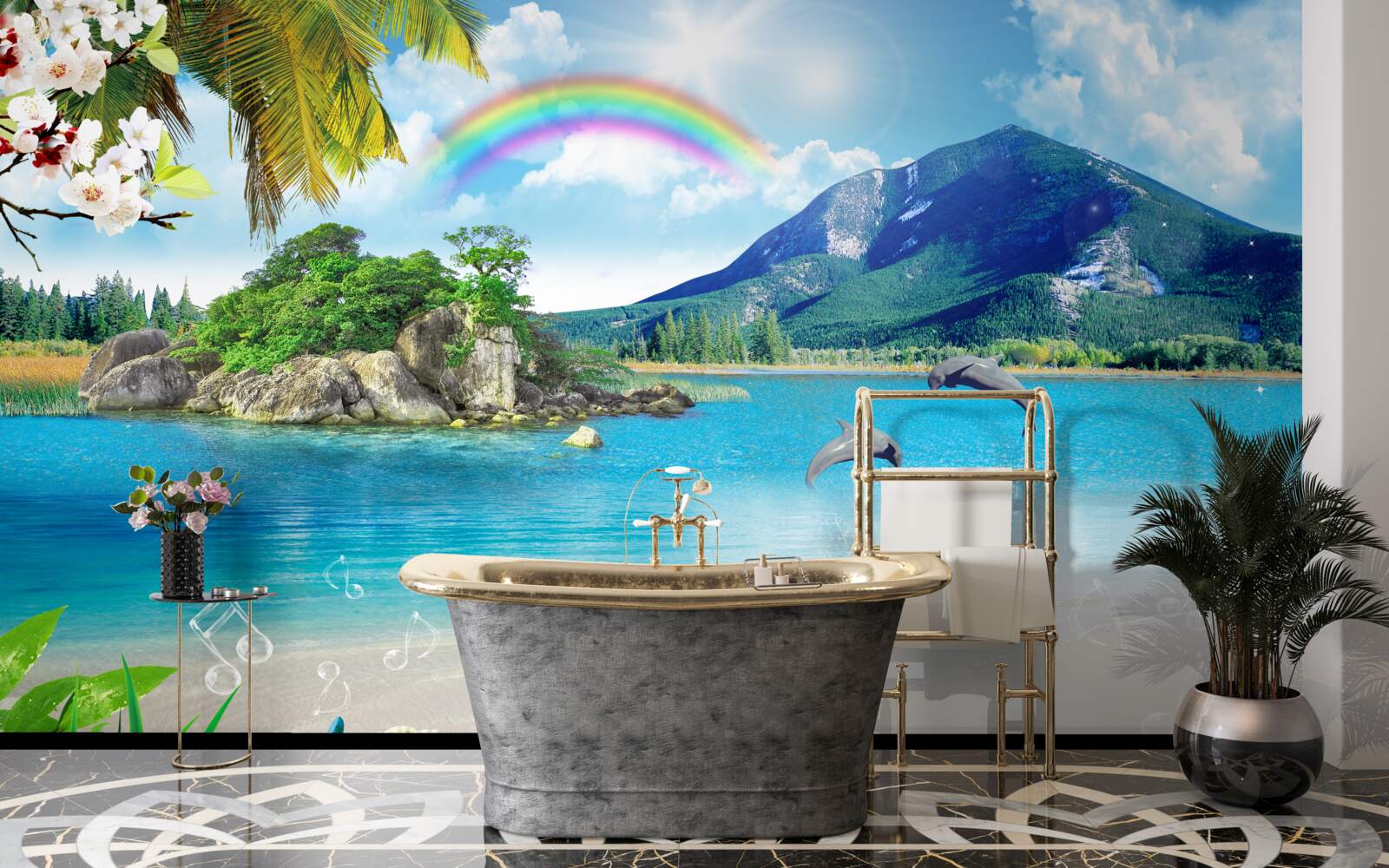 Fototapeta tęcza świeci na brzegu morza