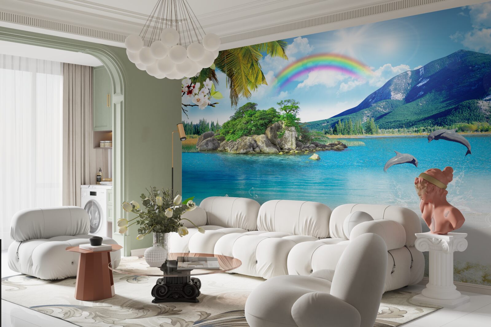 Fototapeta tęcza świeci na brzegu morza