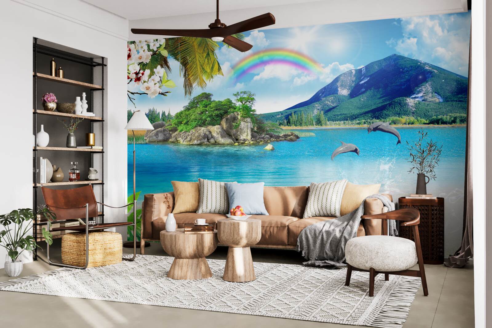 Fototapeta tęcza świeci na brzegu morza