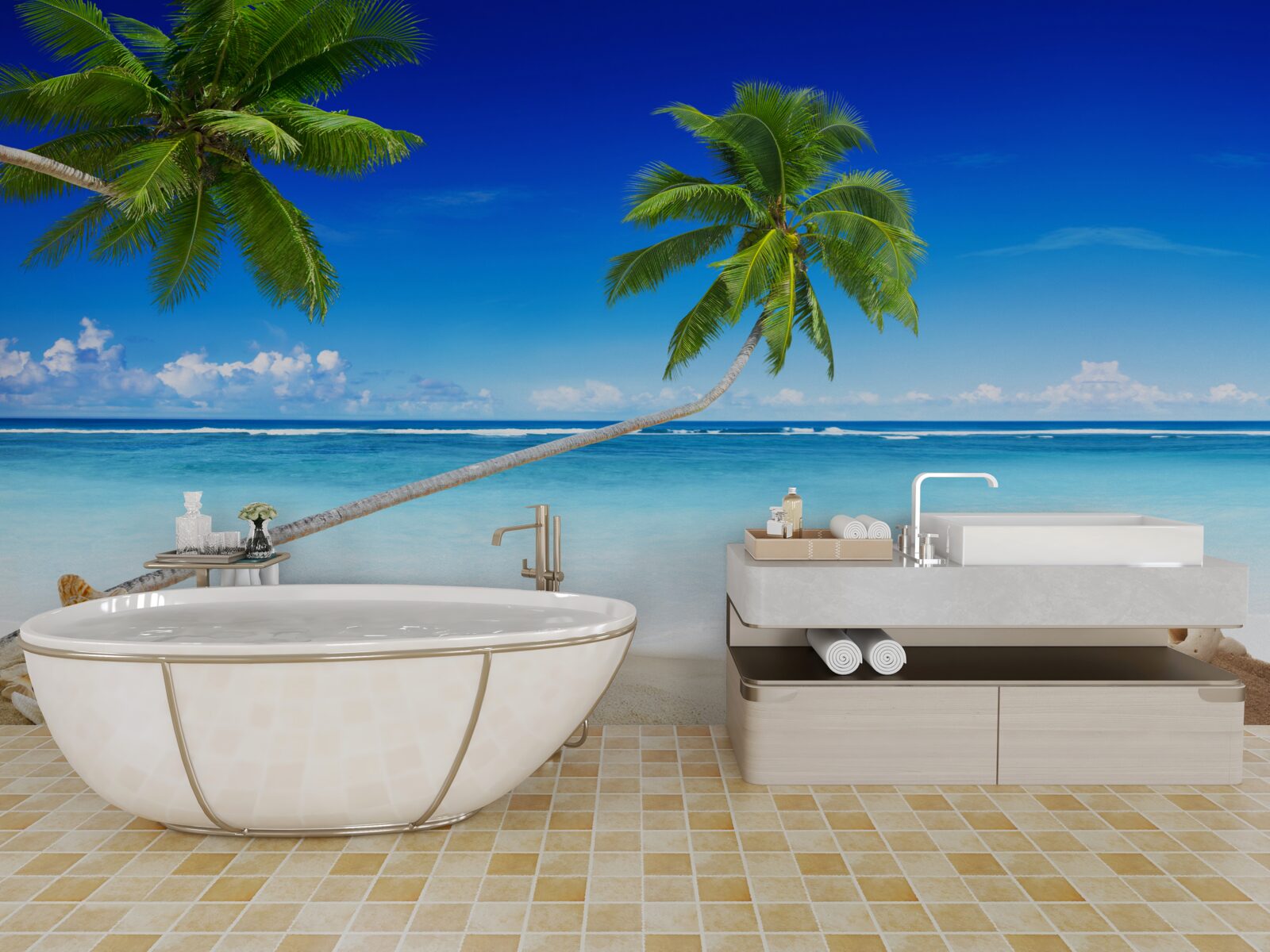 Fototapeta plaża w tropikalnej okolicy i palmy, gdzie panuje cisza