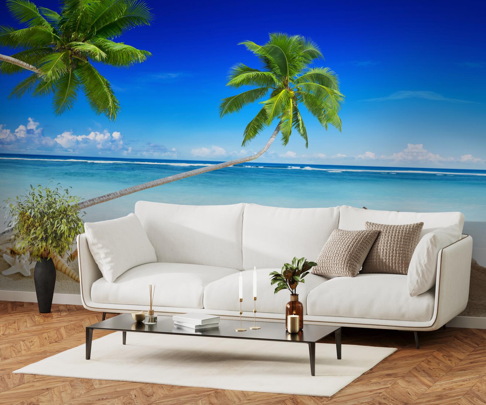 Fototapeta plaża w tropikalnej okolicy i palmy, gdzie panuje cisza