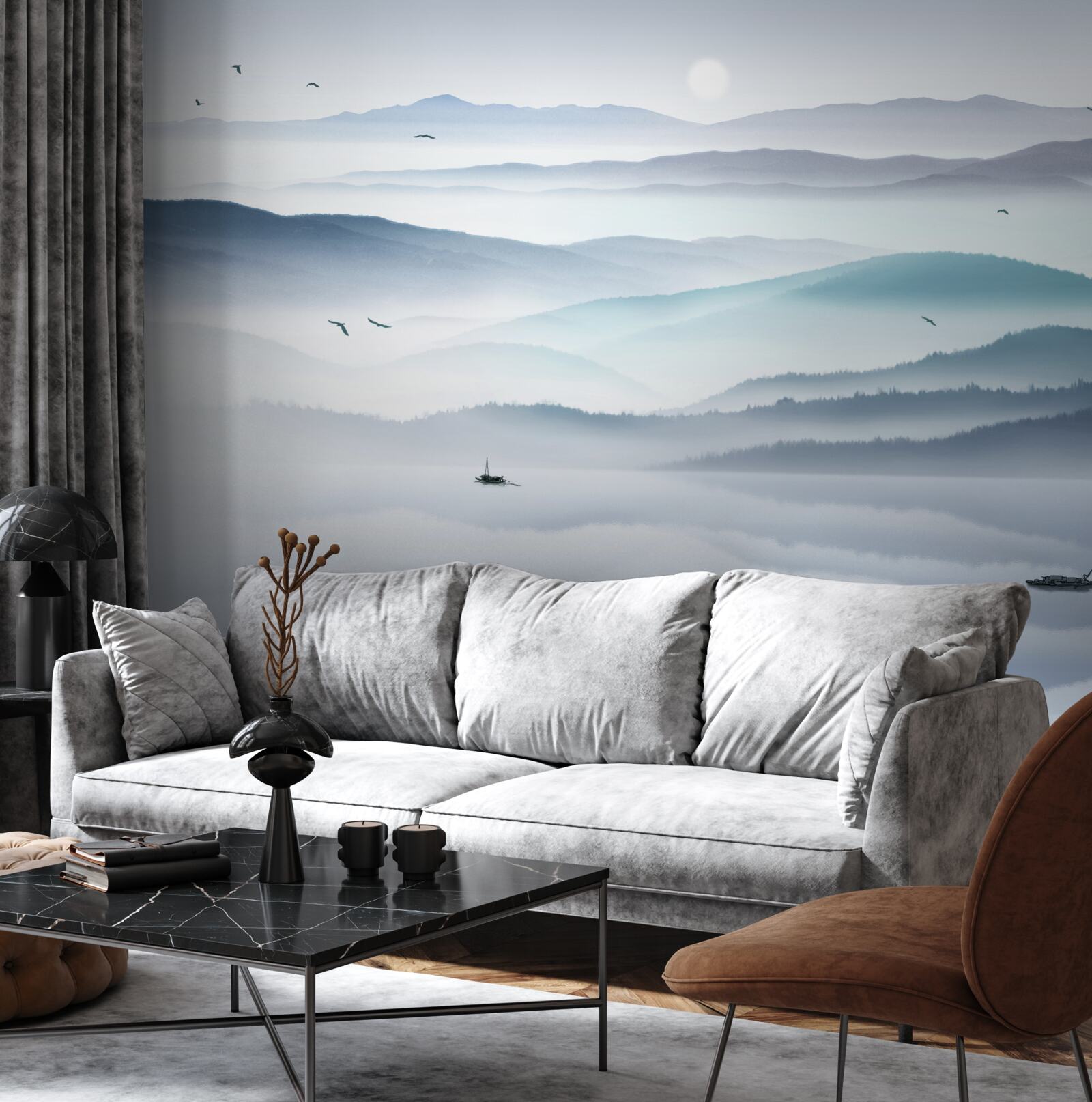 Fototapeta nadchodzi mgła, zakrywając górską rzekę grubą zasłoną