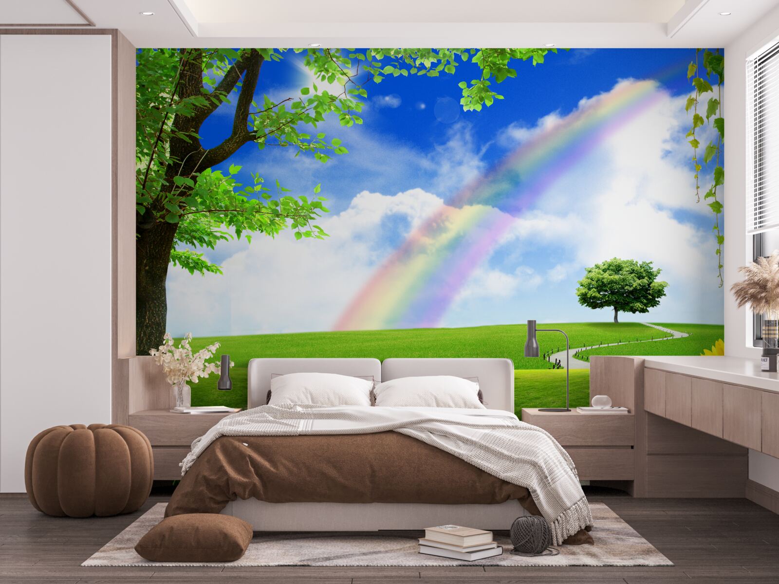 Fototapeta kolorowa poświata nad zieloną polaną