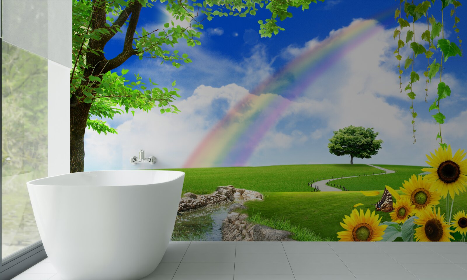 Fototapeta kolorowa poświata nad zieloną polaną