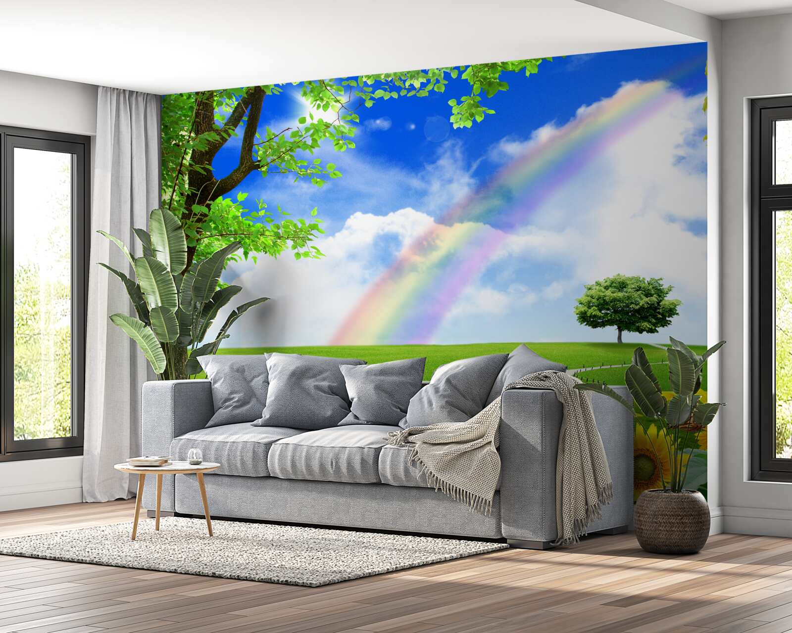 Fototapeta kolorowa poświata nad zieloną polaną