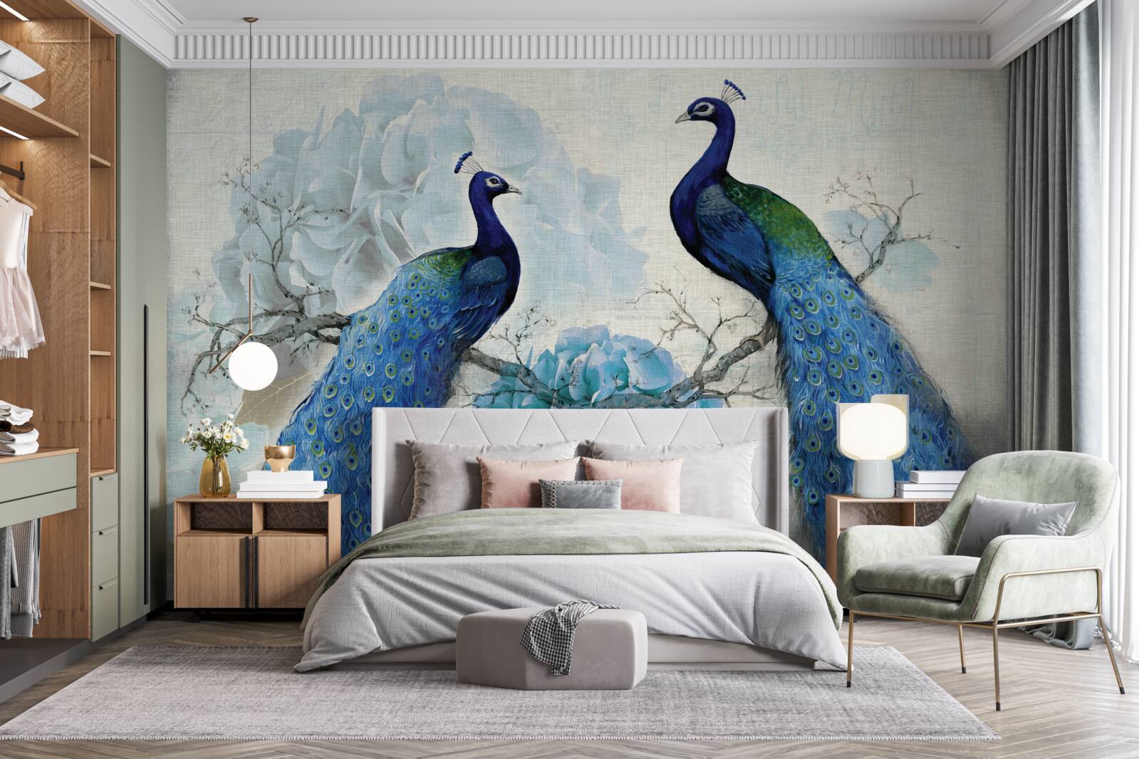 Fototapeta pawie z niebieskimi piórami na kwiatach w tym samym odcieniu