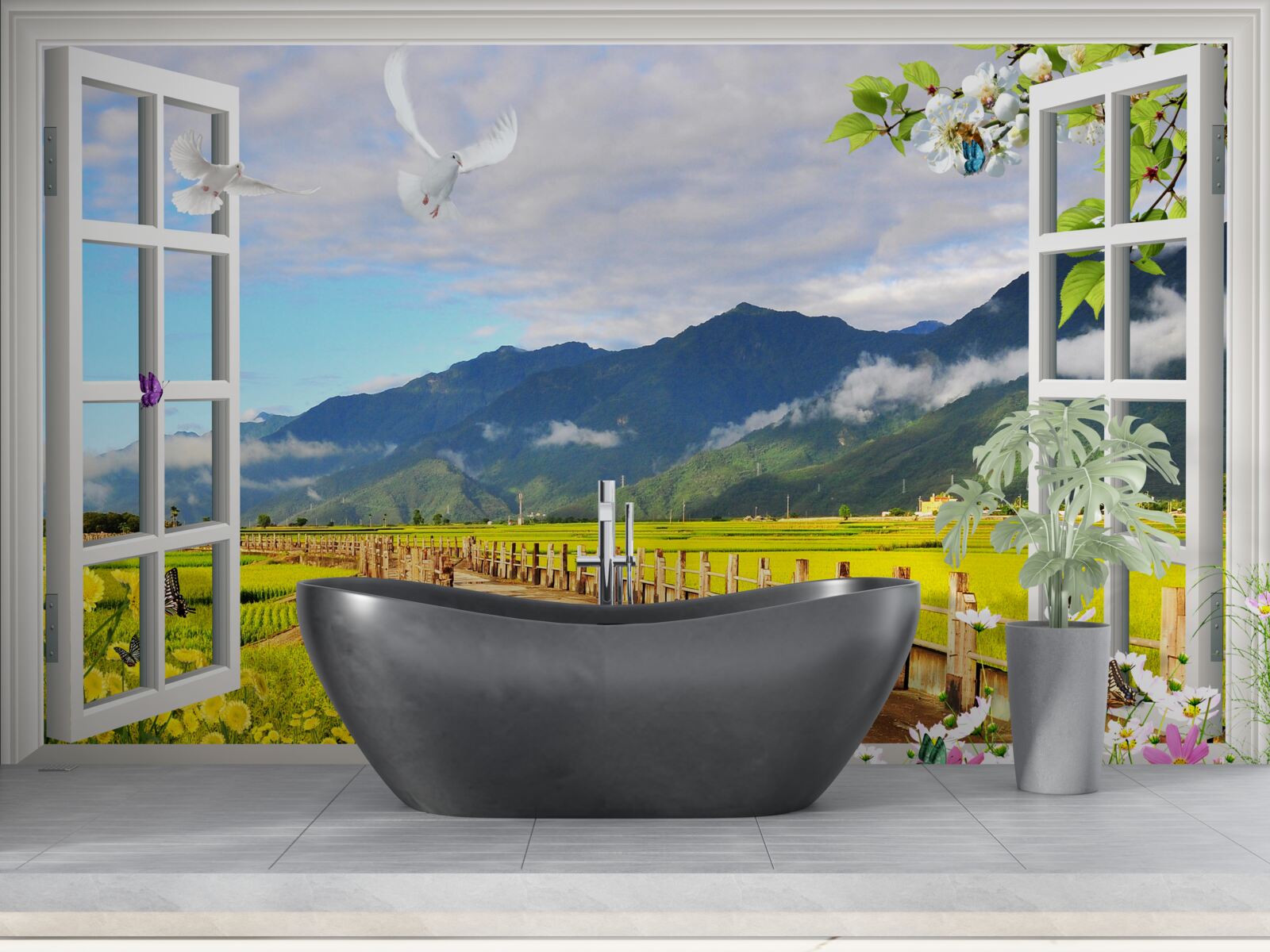 Fototapeta widok z okna na panoramę gór