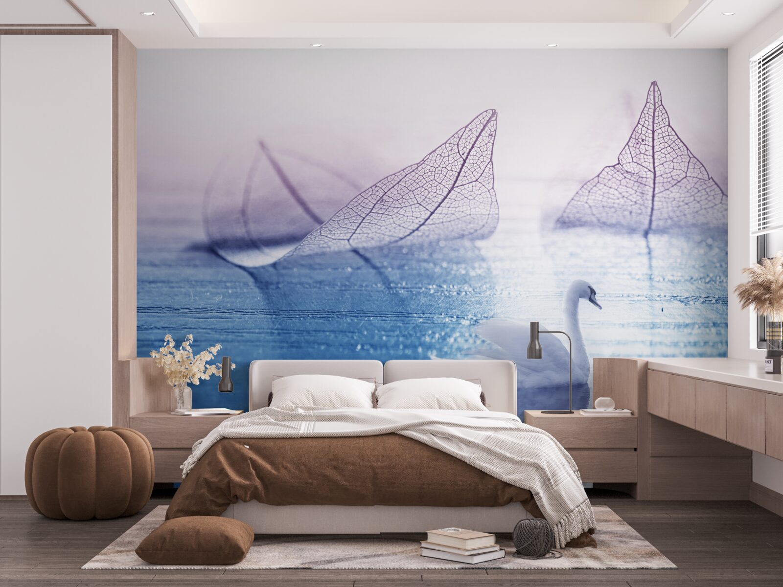 Fototapeta Śnieżnobiały łabędź zdobi spokojną wodę