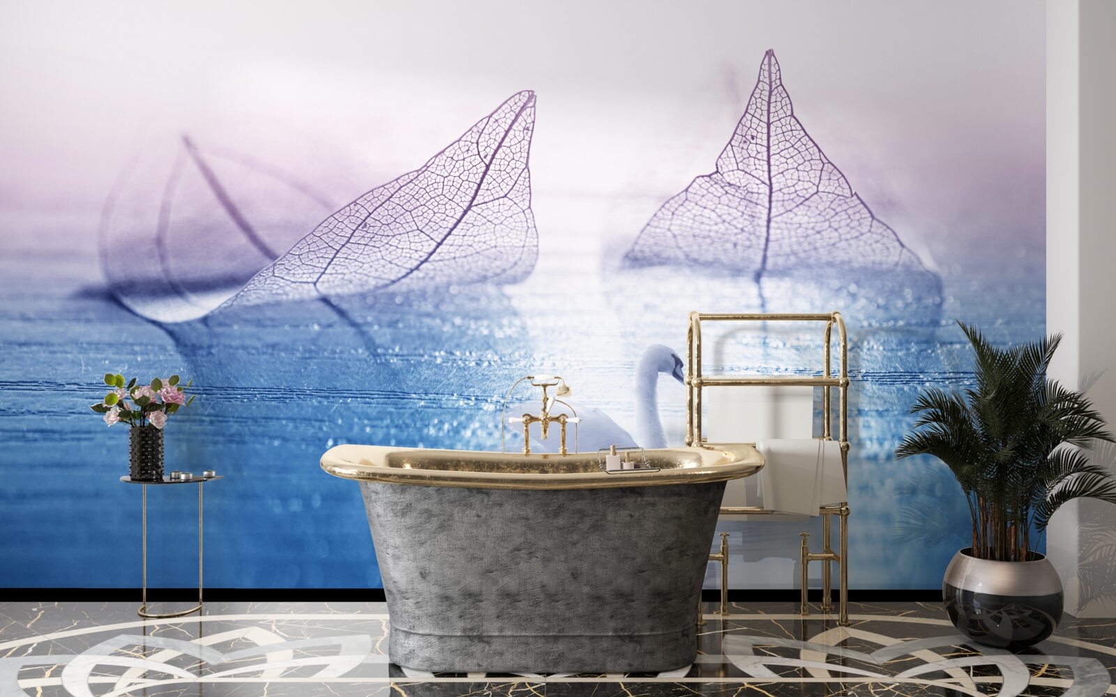 Fototapeta Śnieżnobiały łabędź zdobi spokojną wodę