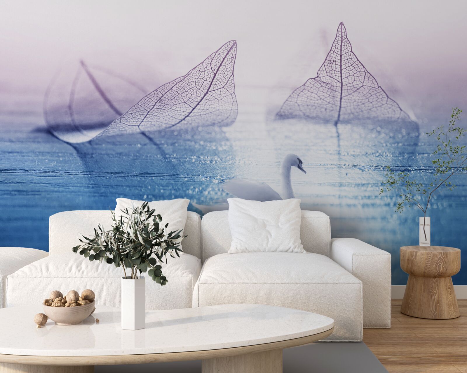 Fototapeta Śnieżnobiały łabędź zdobi spokojną wodę