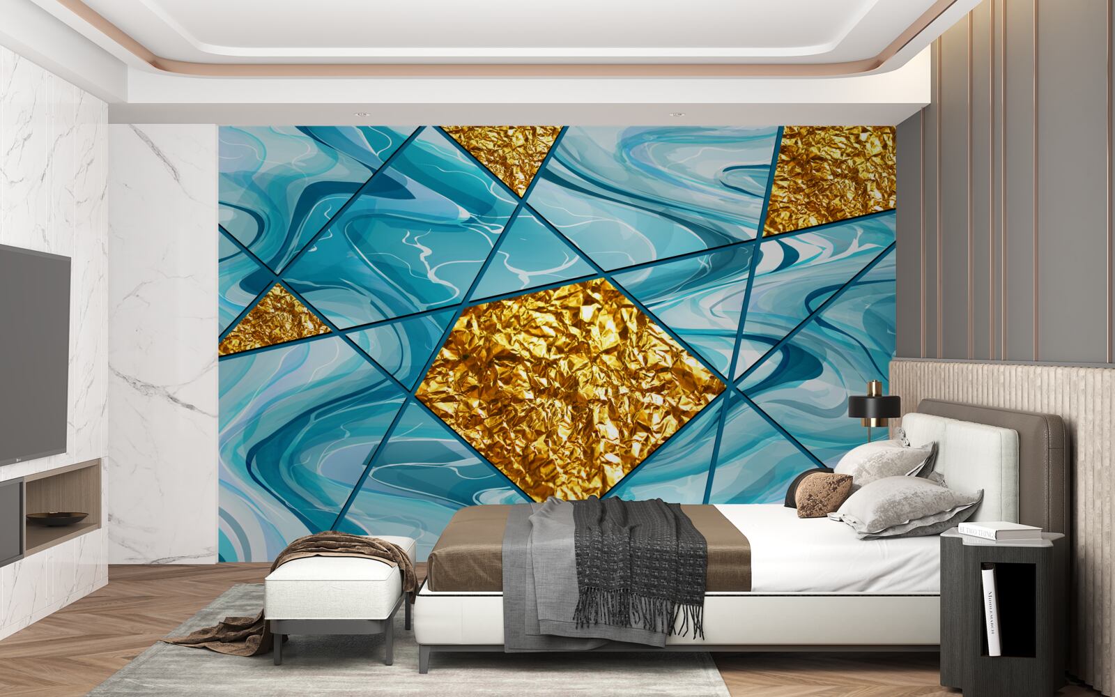 Fototapeta niebo jest błękitne i nieostre, ozdobione złotymi akcentami