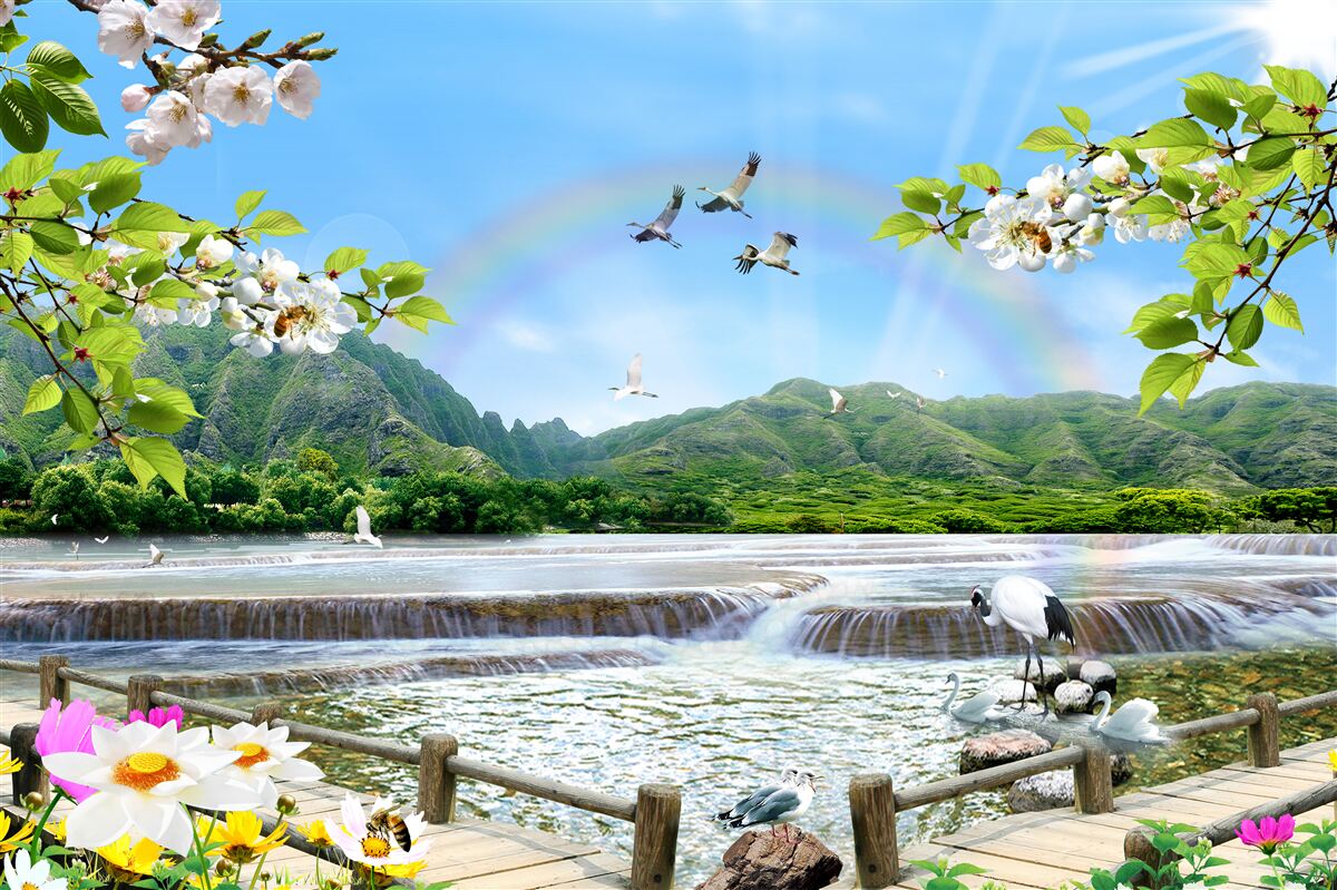 Fototapeta leśny wodospad i jezioro pod kolorową tęczą