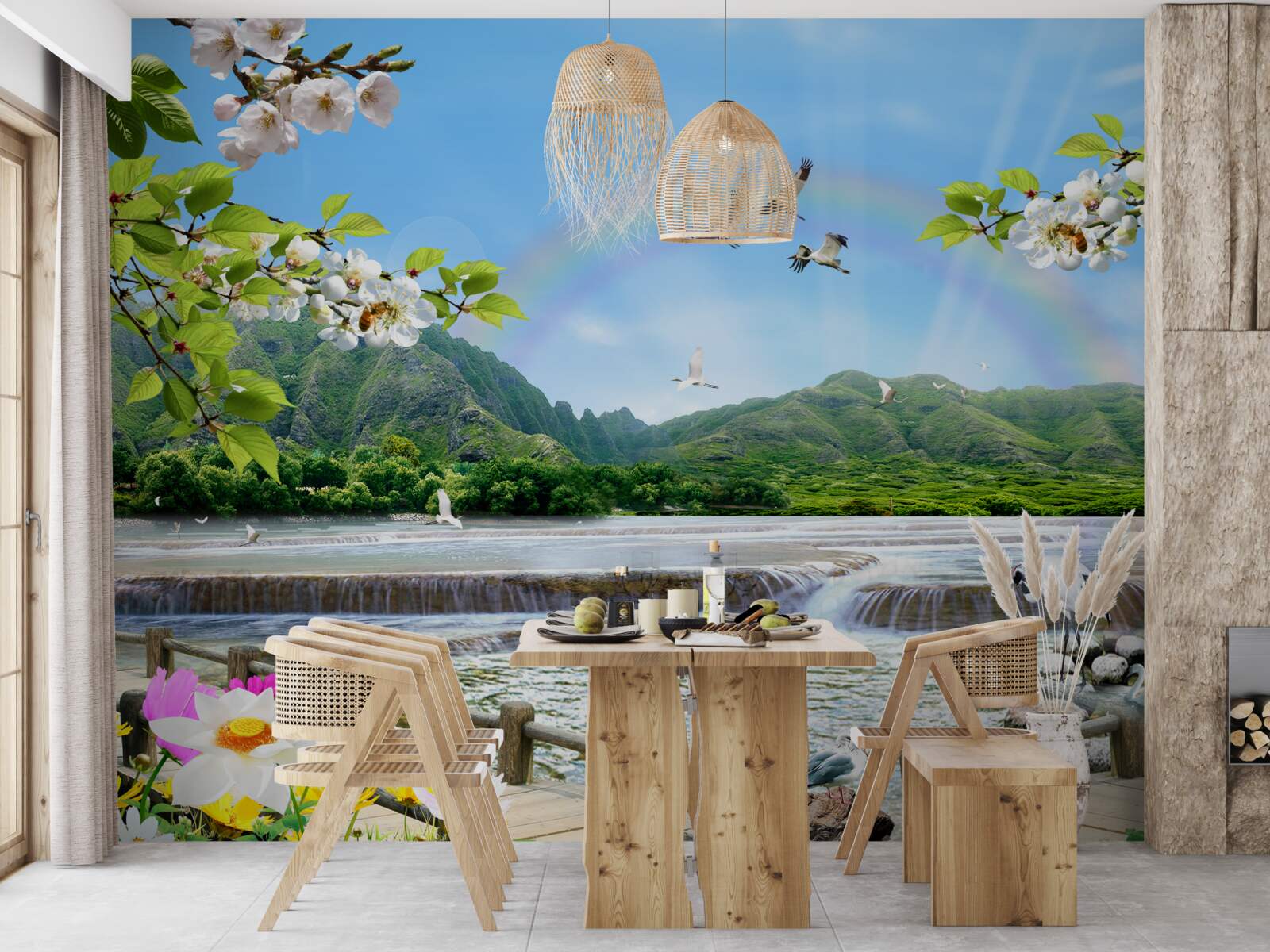 Fototapeta leśny wodospad i jezioro pod kolorową tęczą