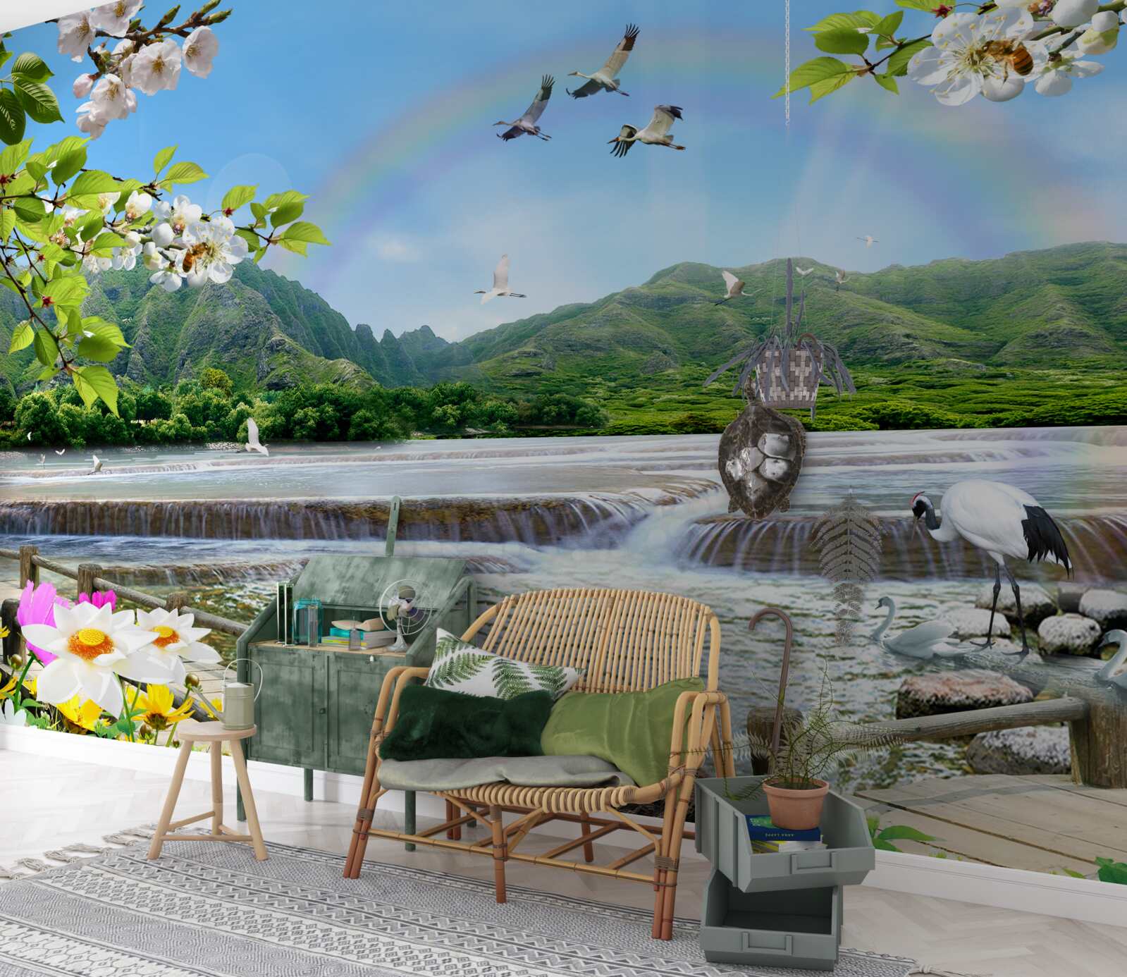 Fototapeta leśny wodospad i jezioro pod kolorową tęczą