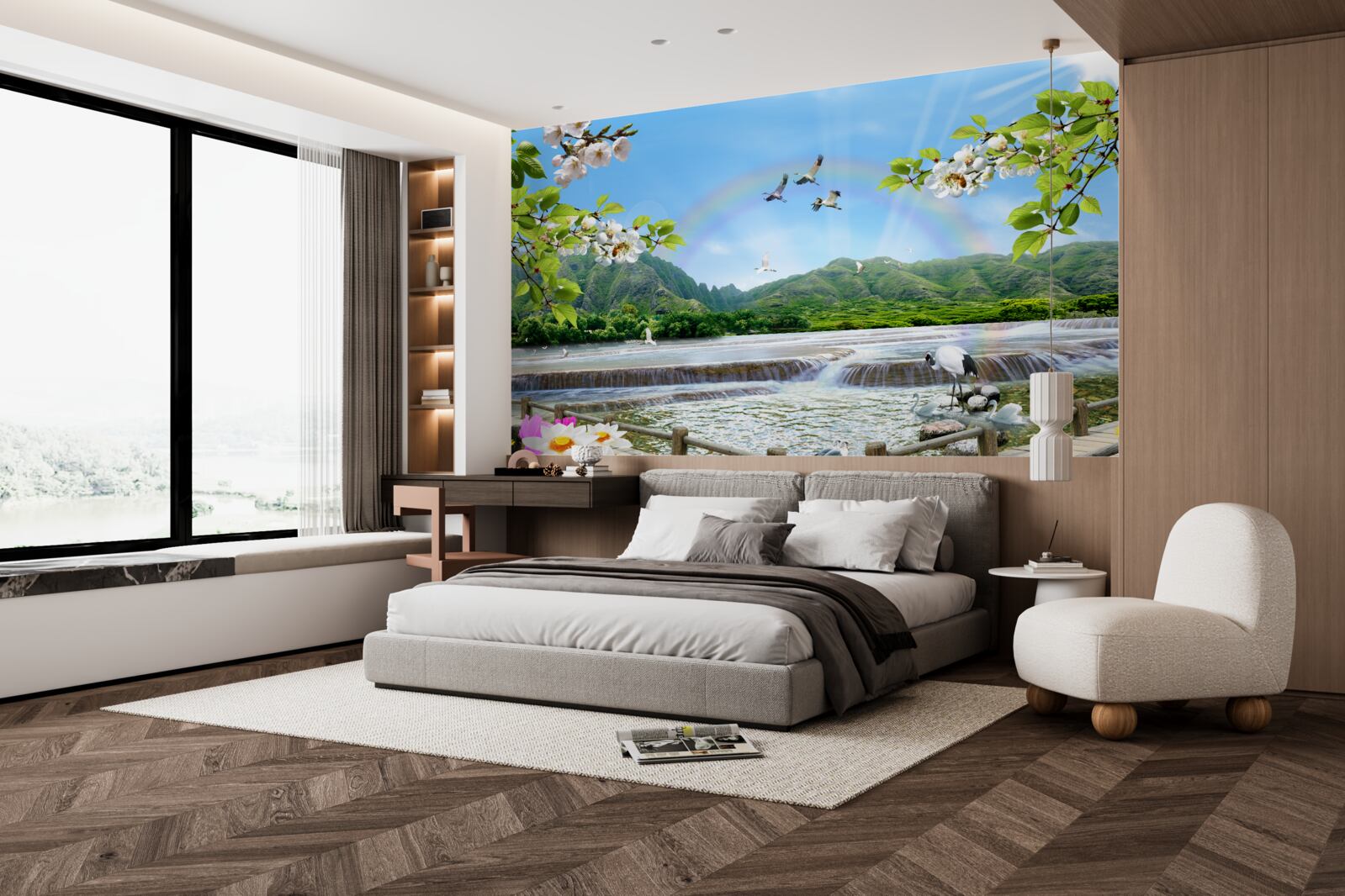 Fototapeta leśny wodospad i jezioro pod kolorową tęczą