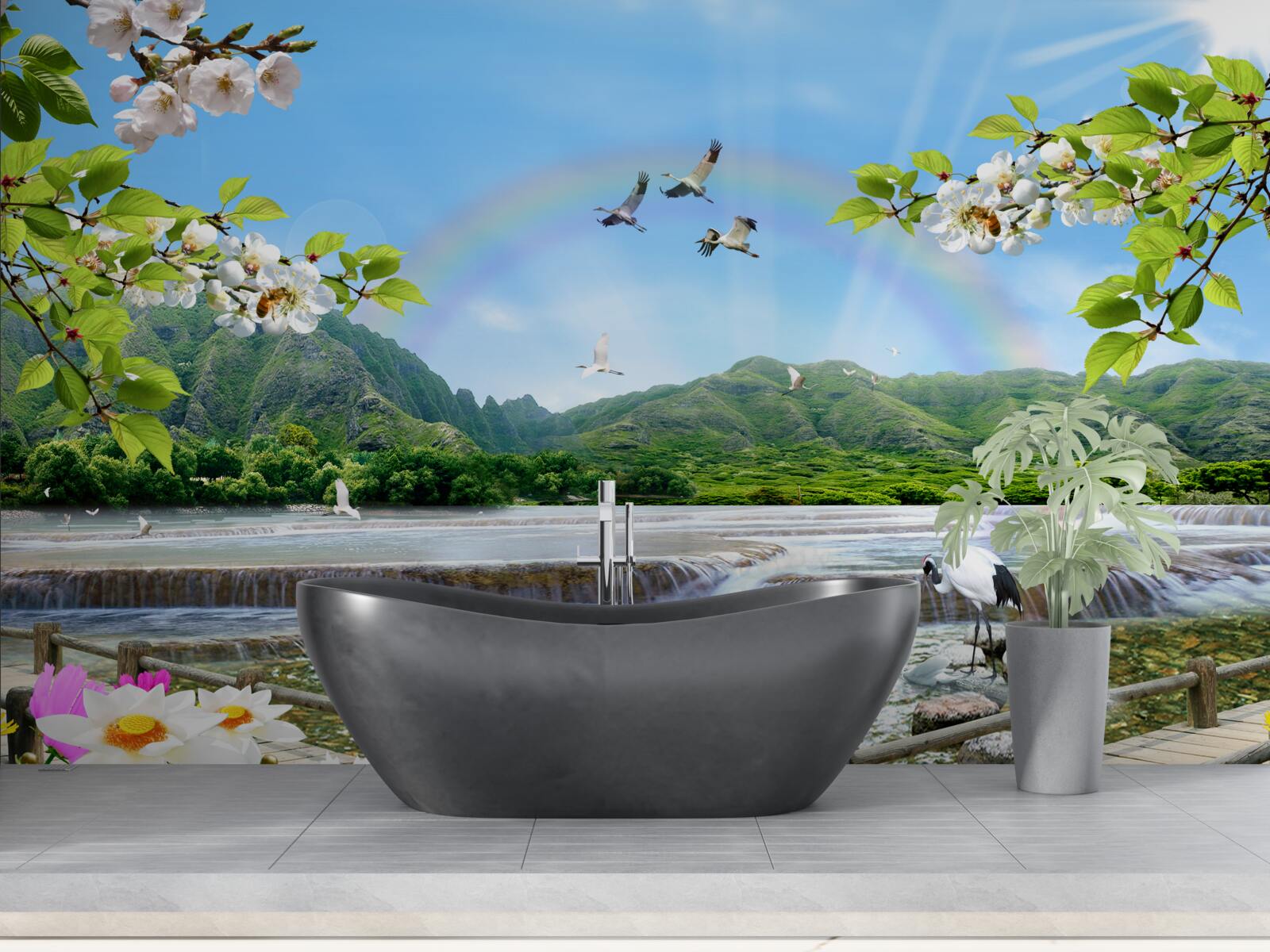 Fototapeta leśny wodospad i jezioro pod kolorową tęczą