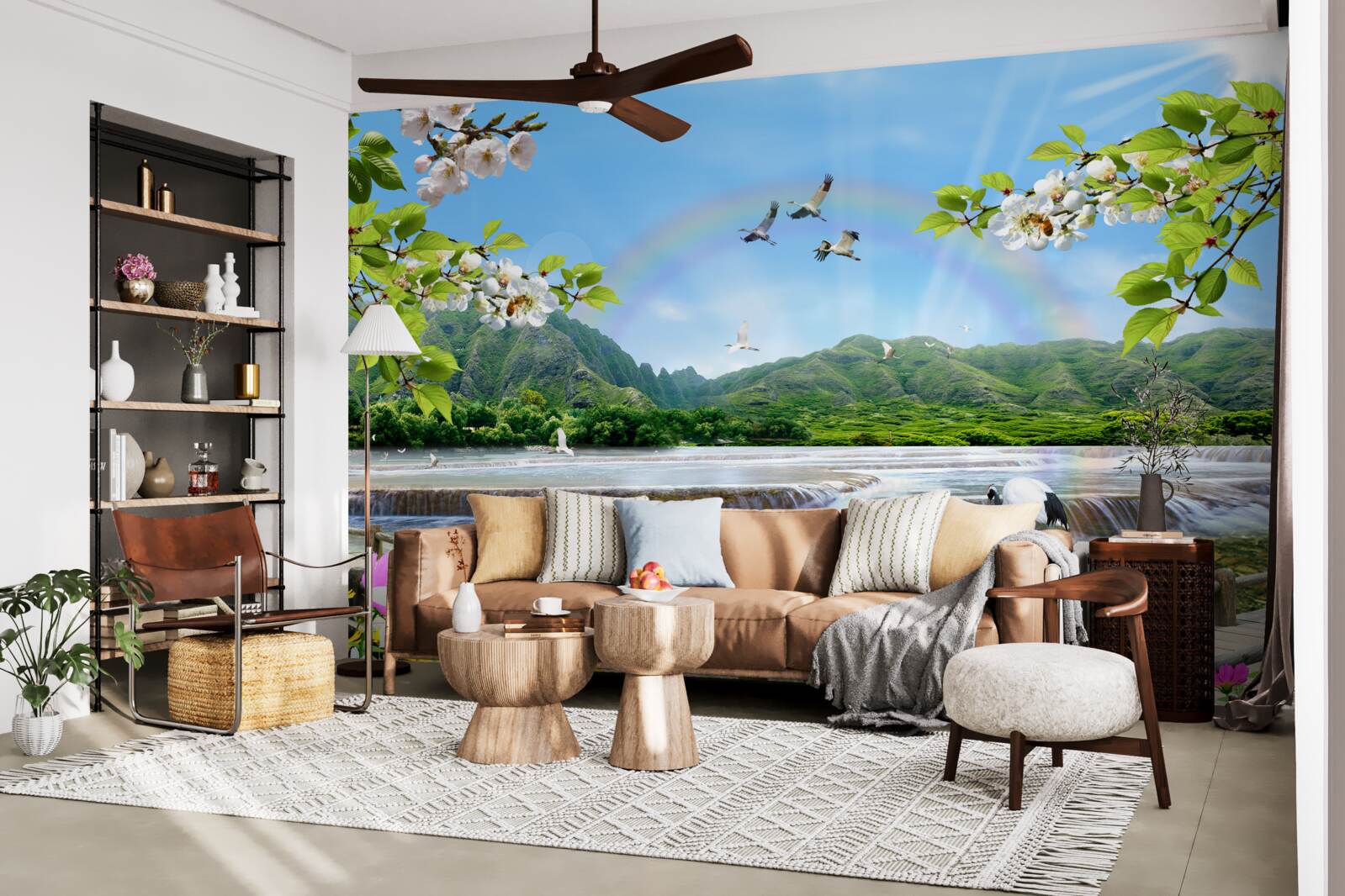 Fototapeta leśny wodospad i jezioro pod kolorową tęczą